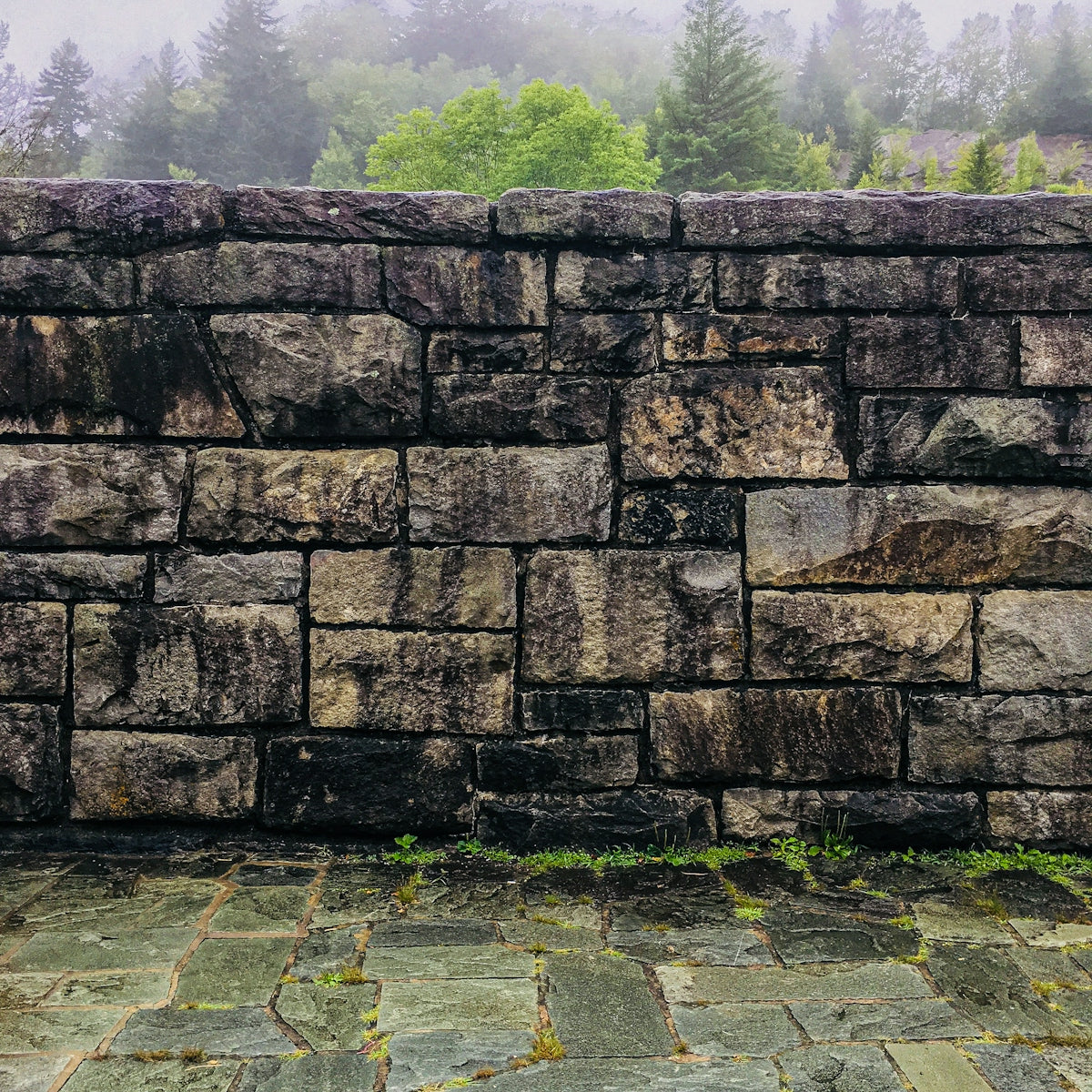 a stone wall with trees in the background