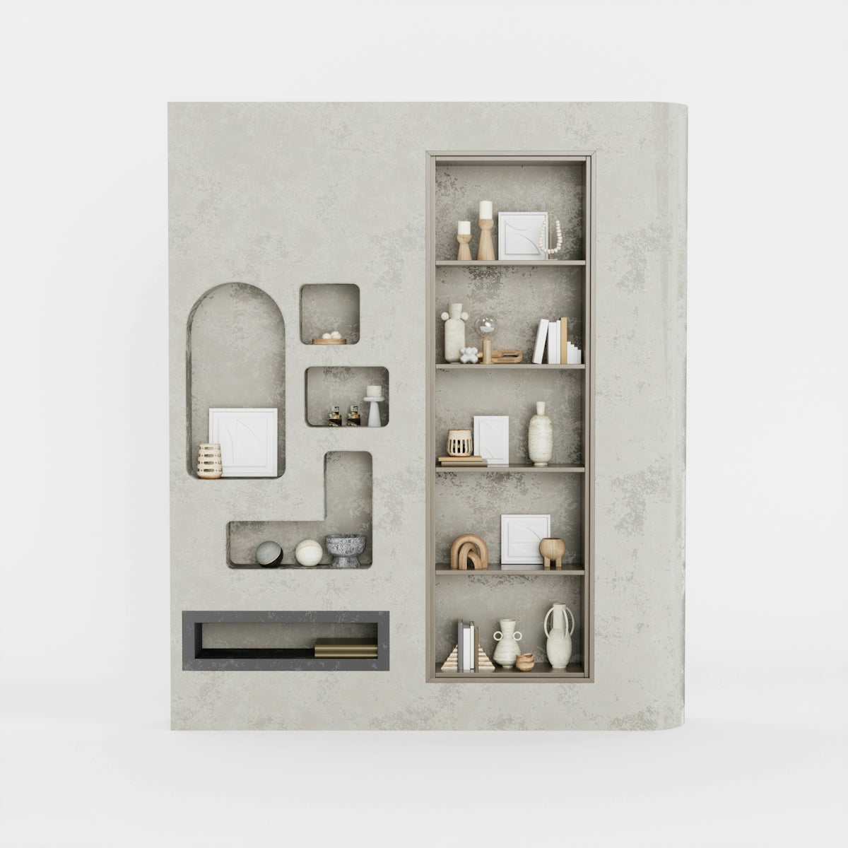 a book shelf with a shelf of various items on top of it