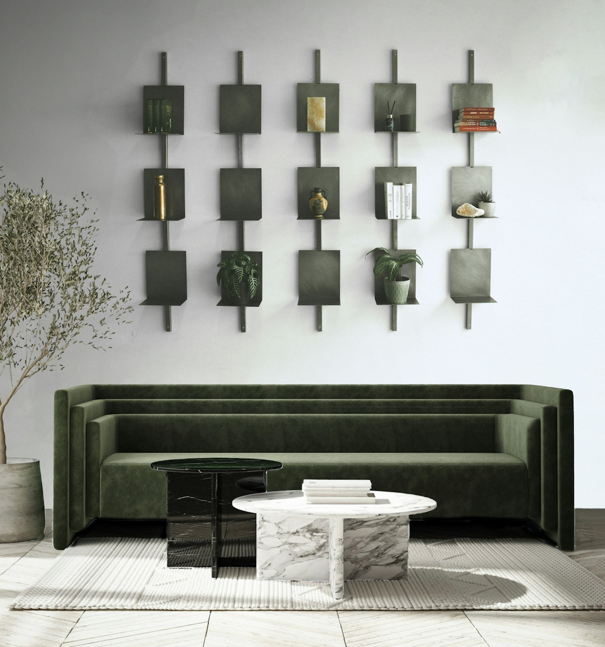 A living room with a green couch and a coffee table