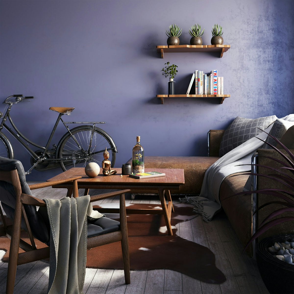 A living room filled with furniture and a bike
