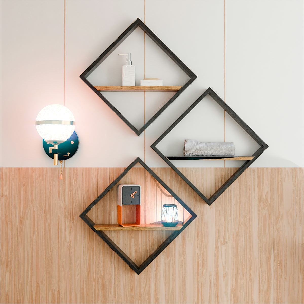 Three diamond-shaped shelves with decor on a wood-paneled wall.