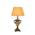 Pair of antique-style table lamps with urn-shaped green bases and beige fabric shades.